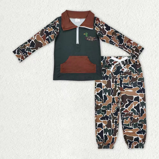 Embroidery Duck Baby Boys Dark Brown Camo Pocket Zipper Pullover Jogger Clothes Set