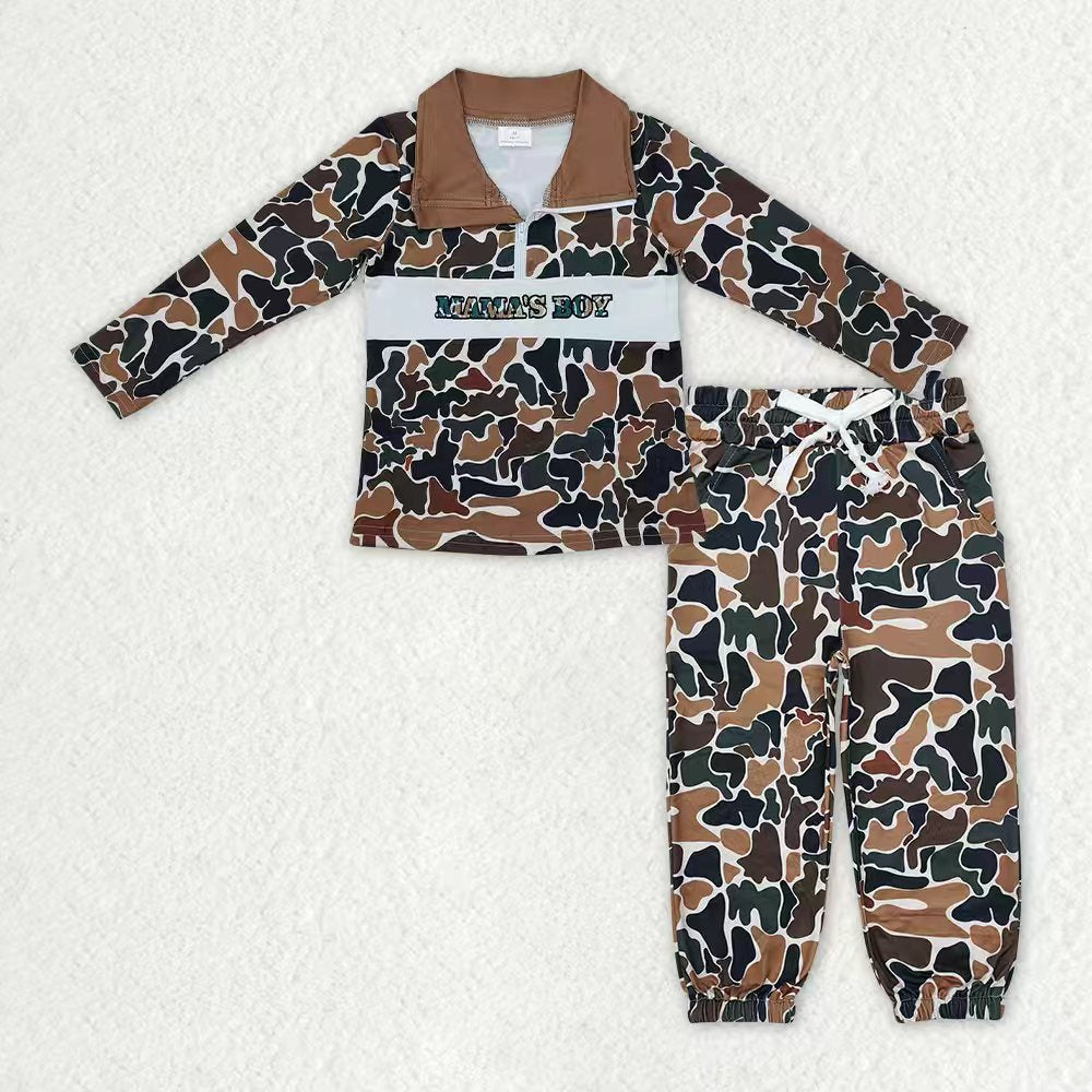 Sibling Baby Boys Camo Embroidery Mama's Boy Ducks Dogs Zipper Pullover Pockets Jogger Hunting Clothes Set