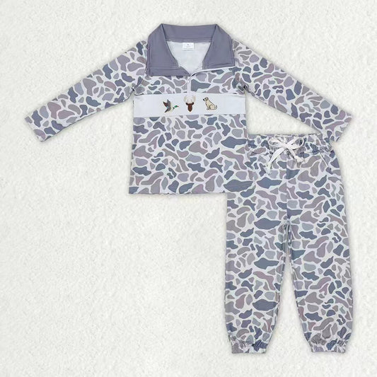 Embroidery Duck Dogs Deer Baby Boys Grey Camo Zipper Pullover Pockets Jogger Hunting Clothes Set