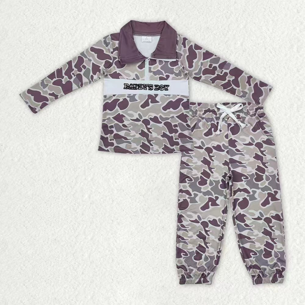 Embroidery Mama's Boy Baby Boys Grey Camo Zipper Pullover Pockets Jogger Clothes Set