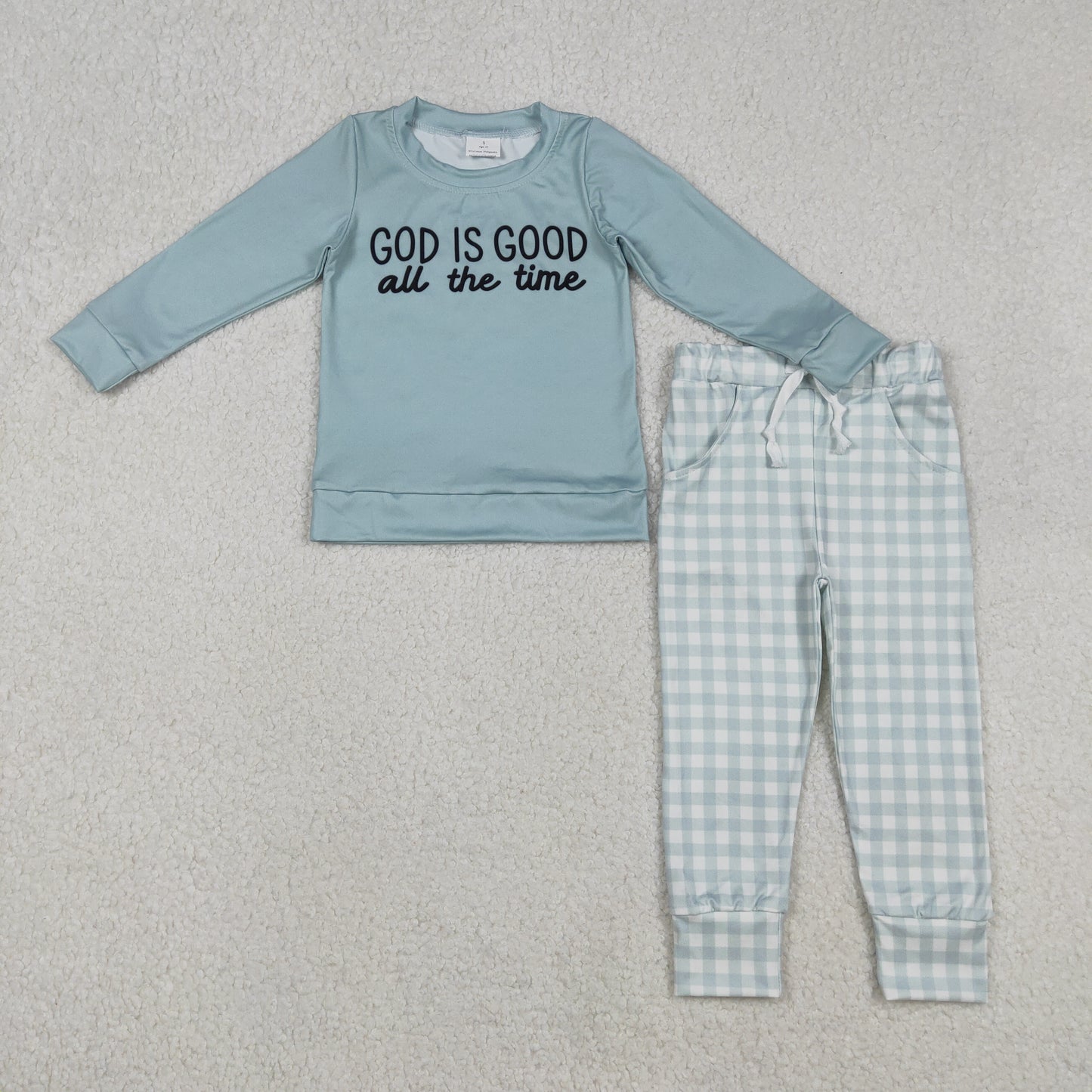 Sibling Baby Girls God is Good Top Pockets Checked Legging Pants Clothes Sets