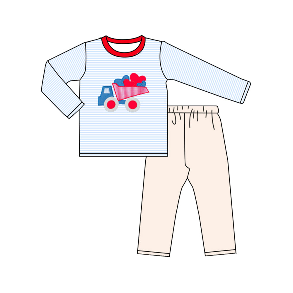 Baby Boys Blue Stripe Hearts Tractor Top Leggings Valentine Clothes Sets Preorder