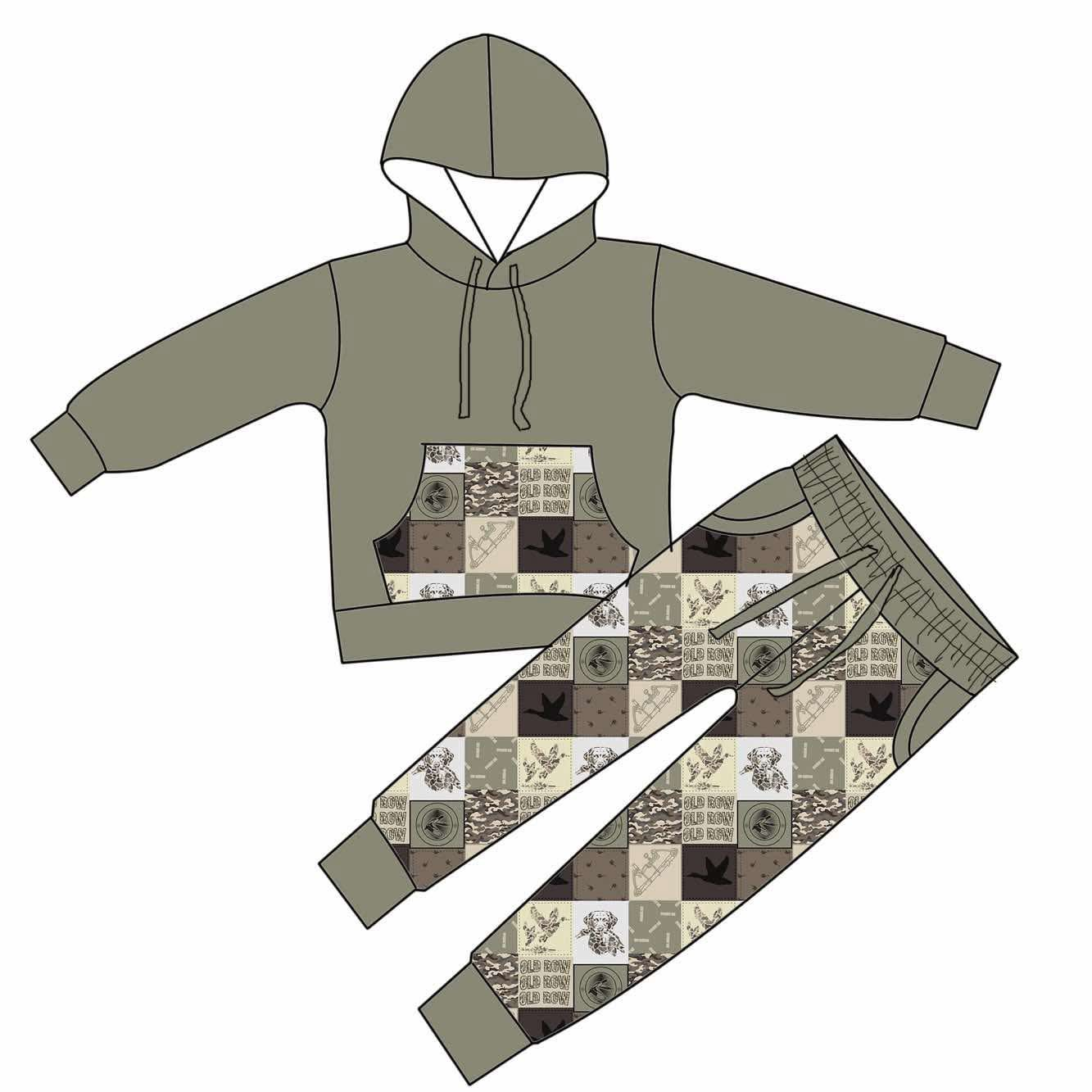 Baby Boys Grey Camo Ducks Checked Pocket Hoodie Jogger Pants Hunting Clothes Sets Preorder
