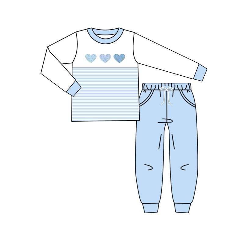 BLP1365Baby Boys Blue Hearts Top Pockets Jogger Pants Valentine Clothes Sets Preorder