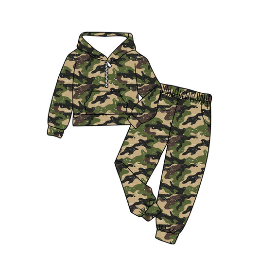 Baby Boys Dark Green Camo Zip Pockets Hoodies Pants Hunting Clothes Sets Preorder