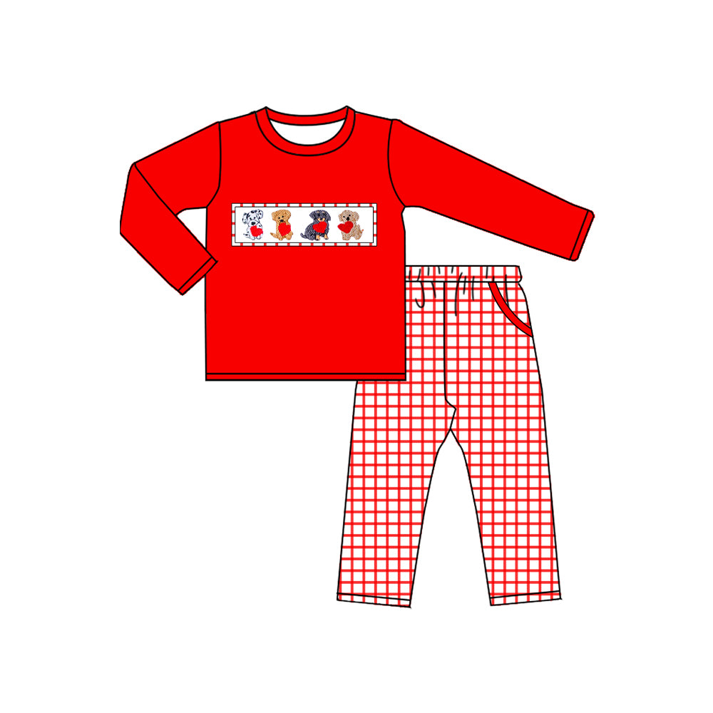 Baby Boys Hearts Dogs Top Pockets Checked Pants Valentine Clothes Sets Preorder