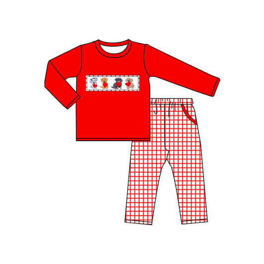 Baby Boys Hearts Dogs Top Pockets Checked Pants Valentine Clothes Sets Preorder