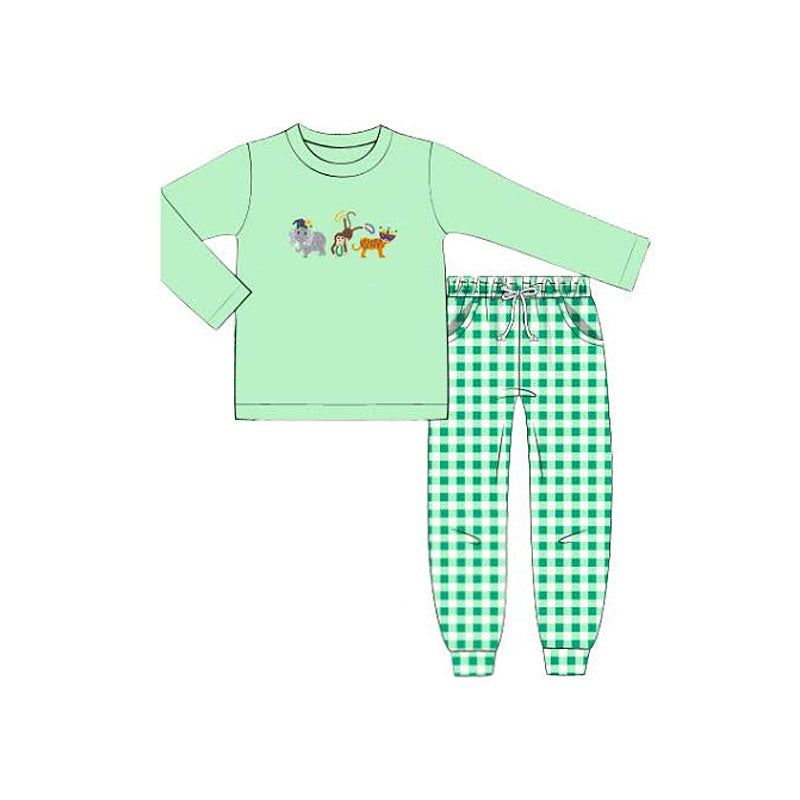 Baby Boys Green Animals Top Pockets Checked Jogger Pants Clothes Sets Preorder