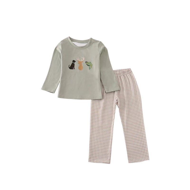 Baby Boys Fishes Deer Dogs Top Checked Pants Hunting Pajamas Sets Preorder