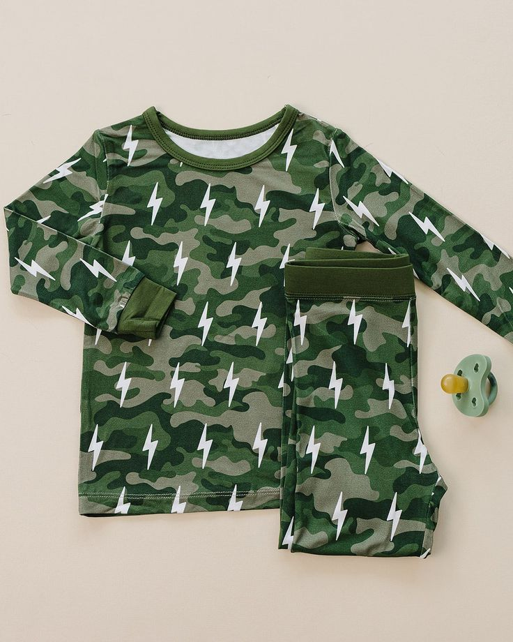 Baby Boys Green Camo Lightnings Pants Southern Pajamas Sets Preorder