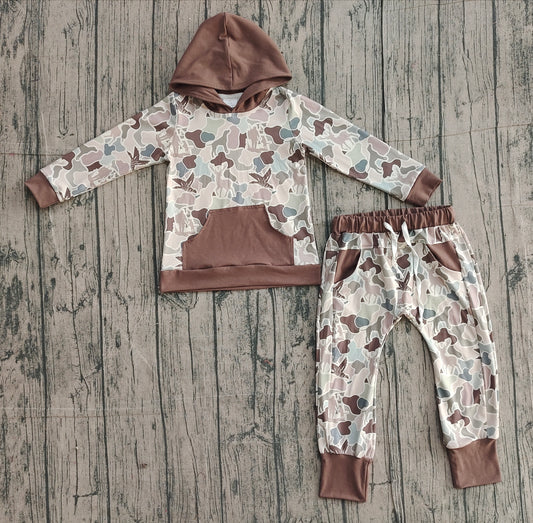Baby Boys Olive Deer Ducks Camo Pocket Hoodie Jogger Hunting Clothes Sets Preorder