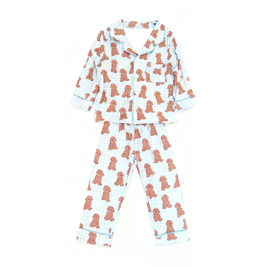 Baby Boys Blue Checked Dogs Button Pocket Top Pajamas Sets Preorder