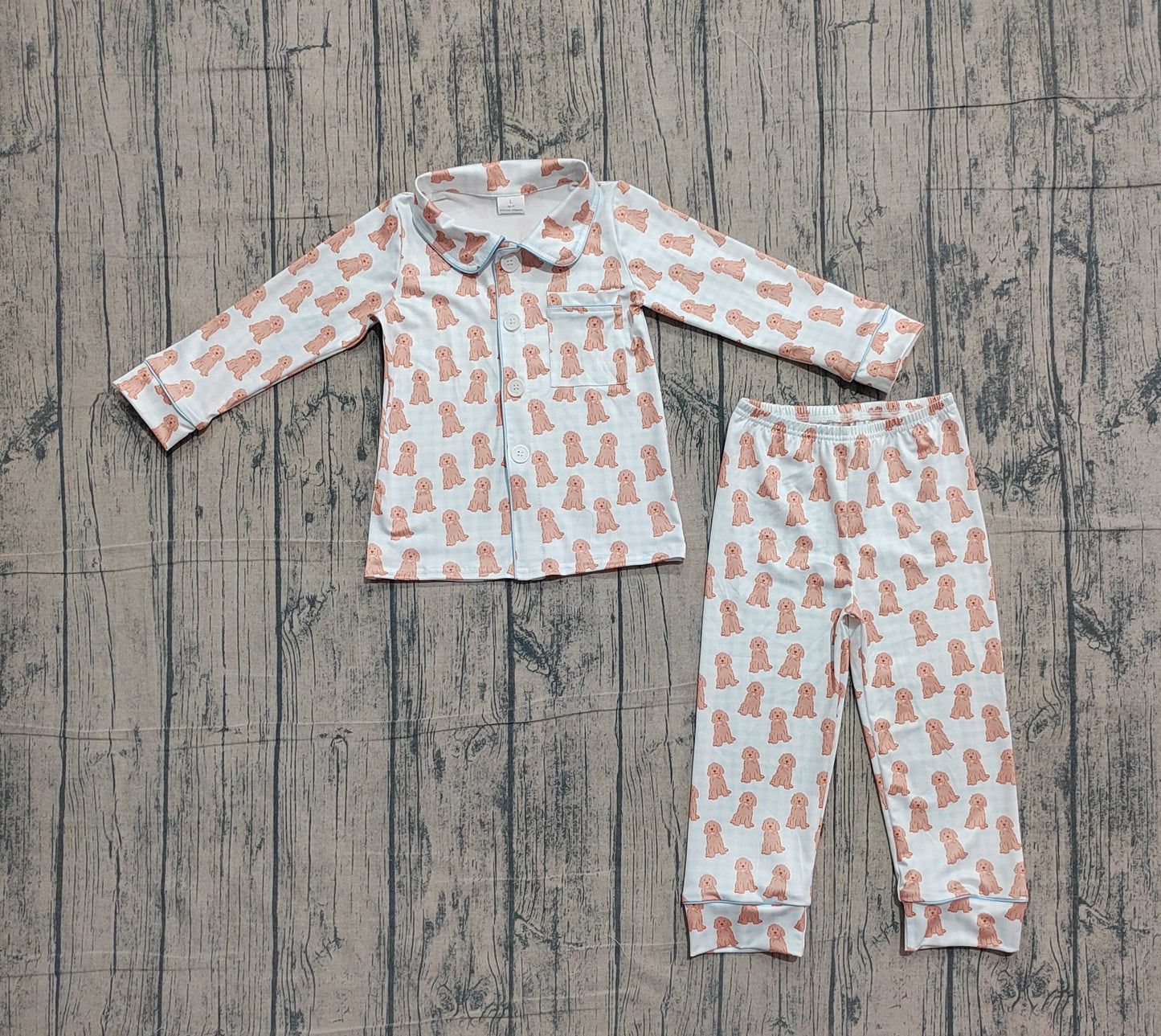 Baby Boys Blue Checked Dogs Button Pocket Top Pant Pajamas Sets