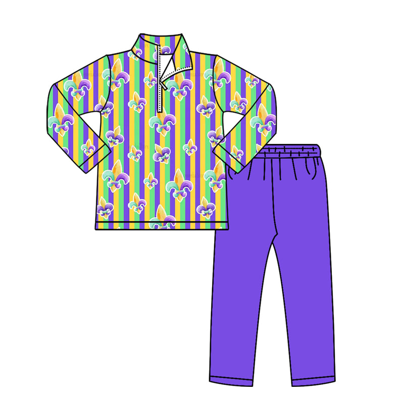 Baby Boys Mardigras Anchors Stripe Zipper Pullover Leggings Clothes Sets Preorder