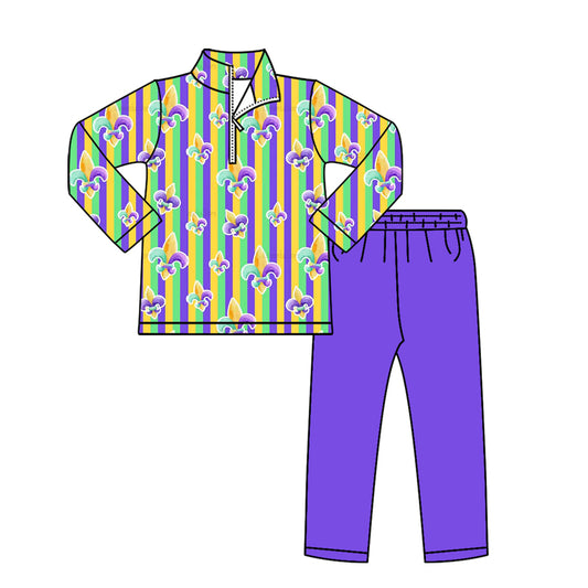 Baby Boys Mardigras Anchors Stripe Zipper Pullover Leggings Clothes Sets Preorder