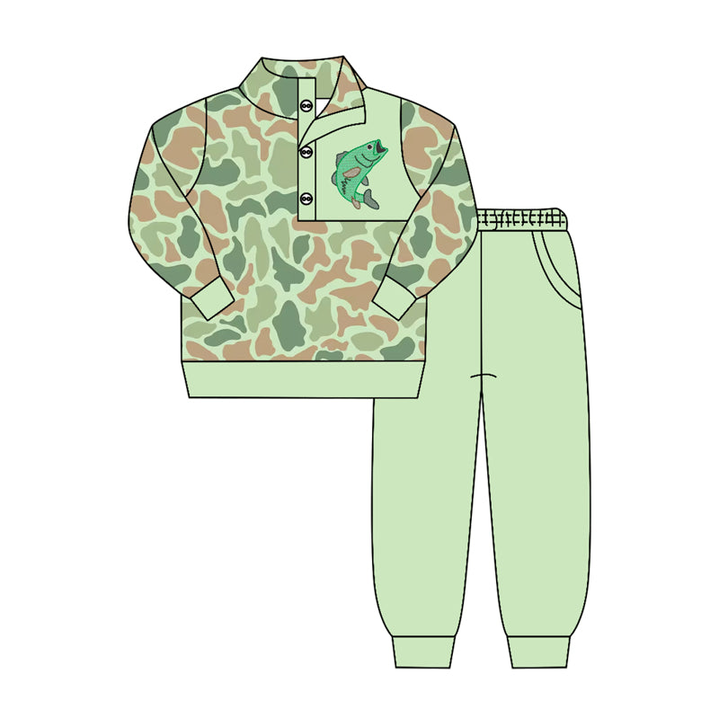 Baby Boys Green Camo Fish Button Pullover Top Pockets Jogger Hunting Clothes Sets Preorder
