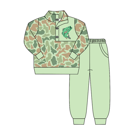 Baby Boys Green Camo Fish Button Pullover Top Pockets Jogger Hunting Clothes Sets Preorder