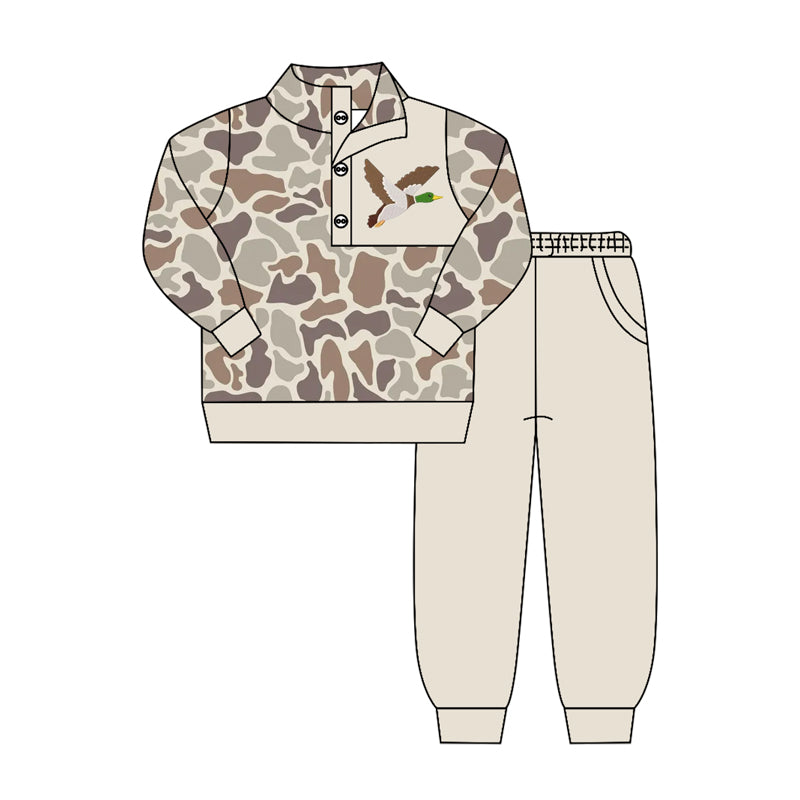 Baby Boys Khaki Camo Duck Button Pullover Top Pockets Jogger Hunting Clothes Sets Preorder