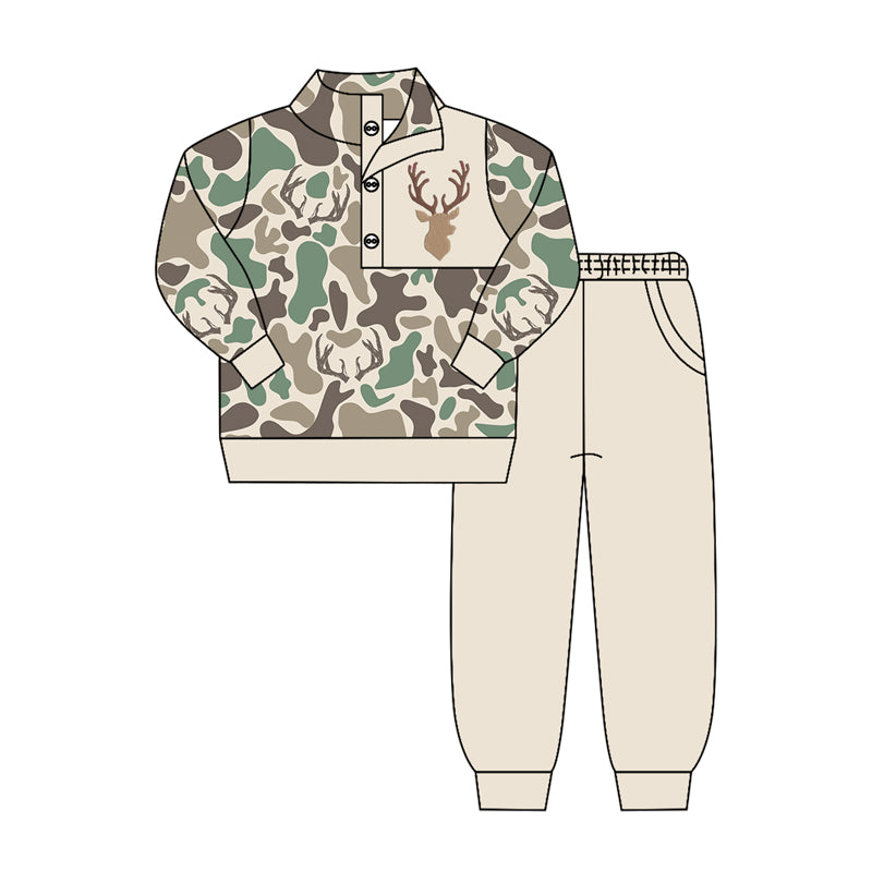Baby Boys Green Camo Deer Button Pullover Top Pockets Jogger Hunting Clothes Sets Preorder
