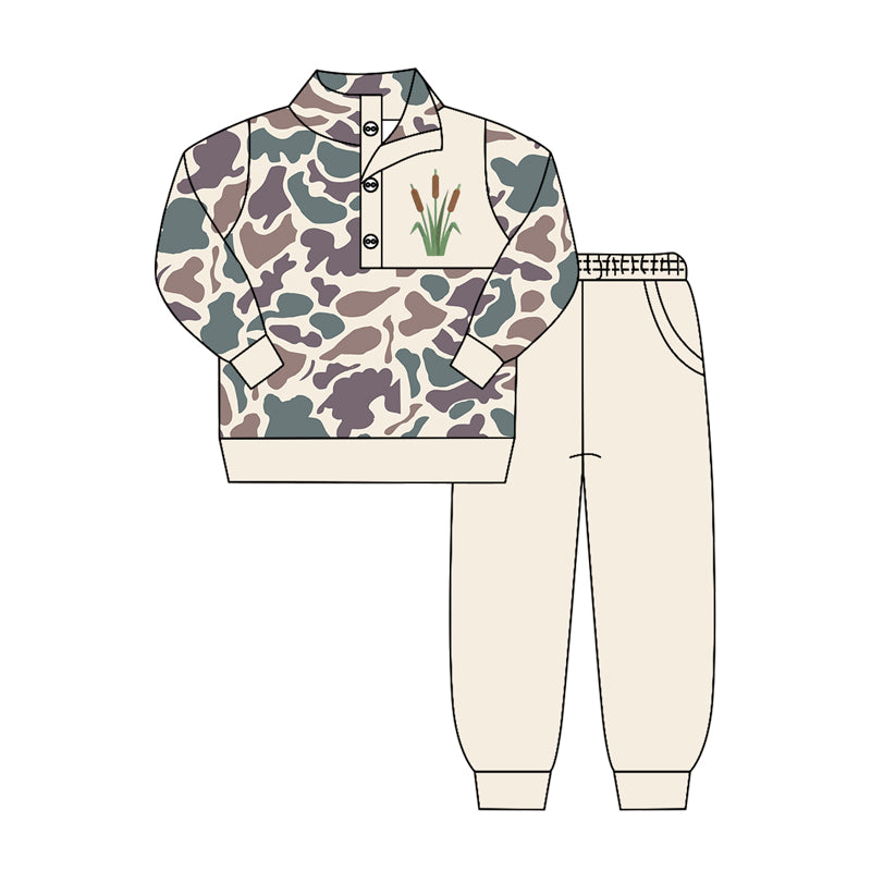 Baby Boys Brown Camo Water Plants Button Pullover Top Pockets Jogger Clothes Sets Preorder
