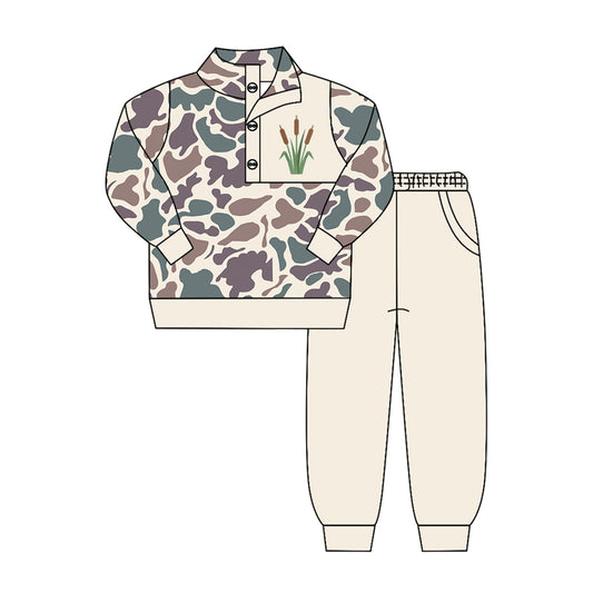 Baby Boys Brown Camo Water Plants Button Pullover Top Pockets Jogger Clothes Sets Preorder