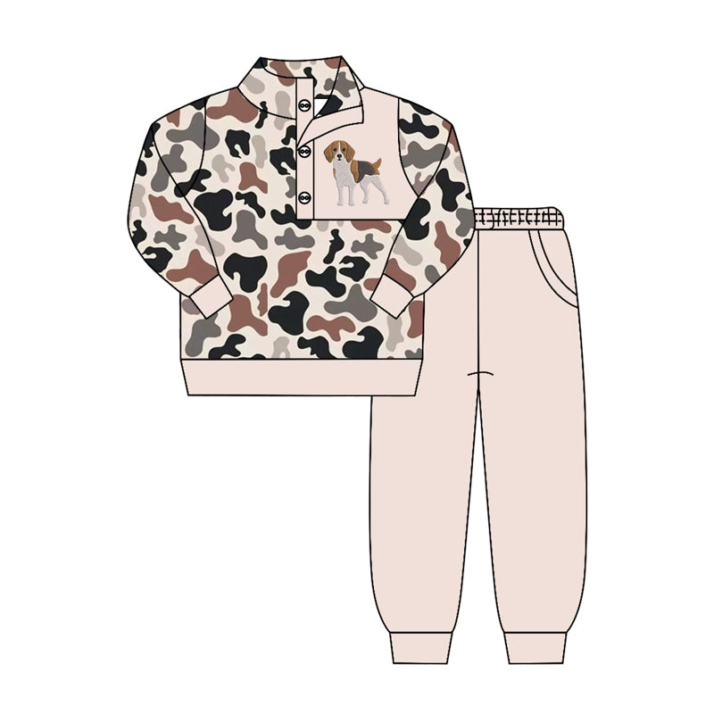 Baby Boys Black Camo Dog Button Pullover Top Pockets Jogger Hunting Clothes Sets Preorder