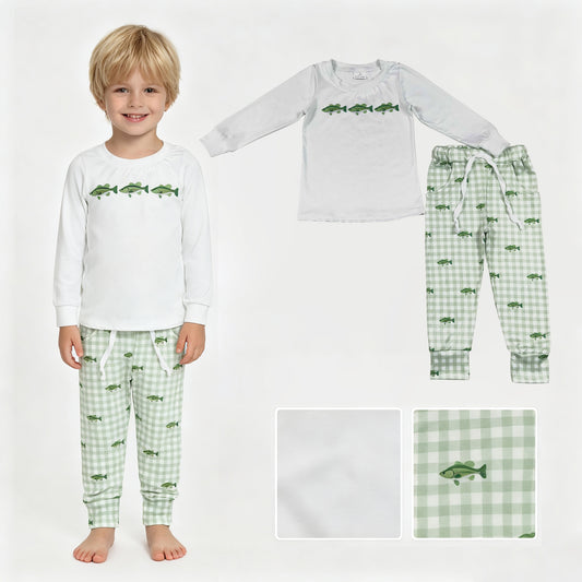 Baby Boys Long Sleeve Fishes Checked Top Pockets Jogger Hunting Clothes Sets