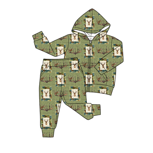Baby Boys Deer Checked Pocket Zip Hoodies Jogger Pant Hunting Clothes Sets Preorder