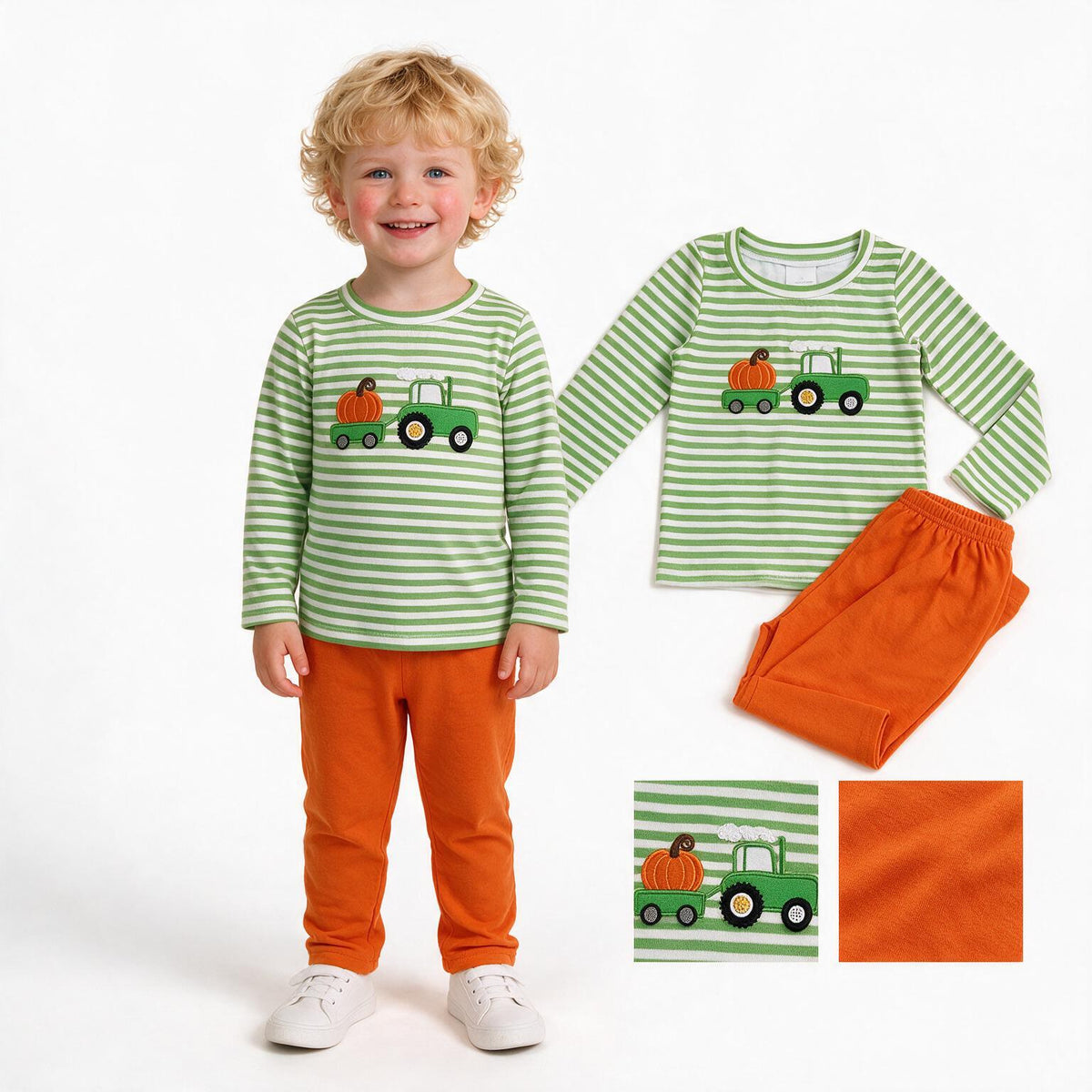 Embroidery Pumpkin Truck Baby Boys Green Stripe Top Pant Fall Clothes Sets
