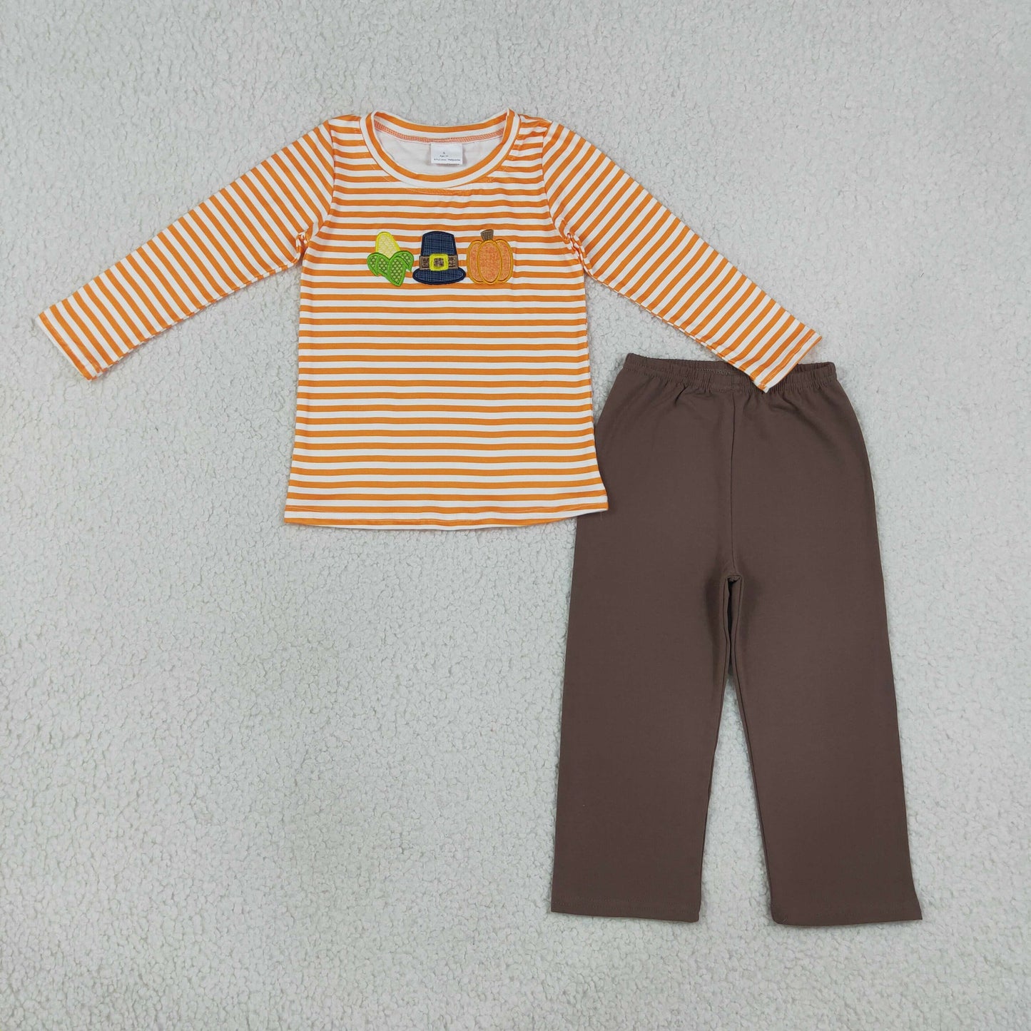 Sibling Baby Boys Embroidery Corns Pumpkins Stripe Top Pants Fall Clothes Set Rompers