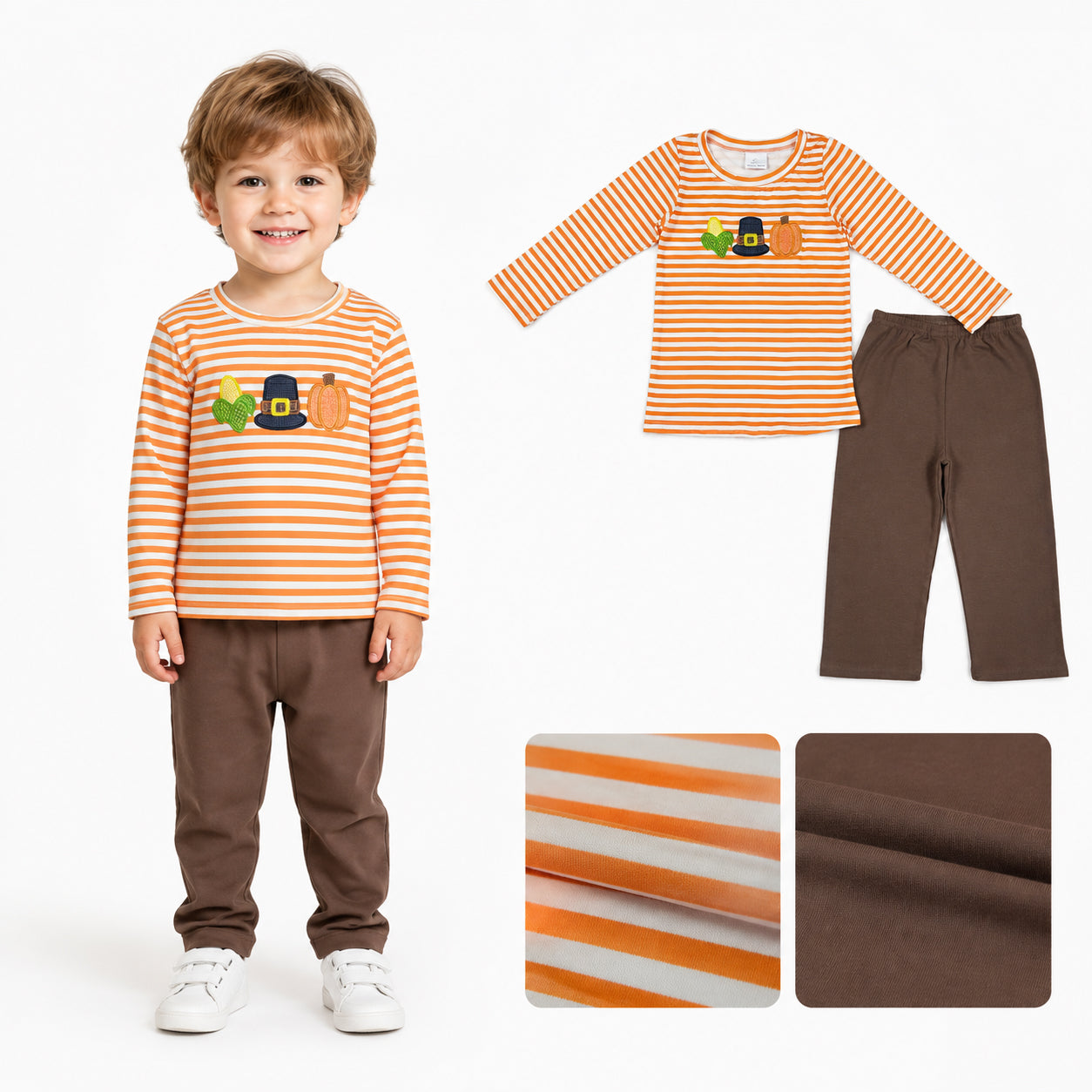 Embroidery Pumpkin Corns Baby Boys Orange Stripe Top Pant Fall Clothes Sets