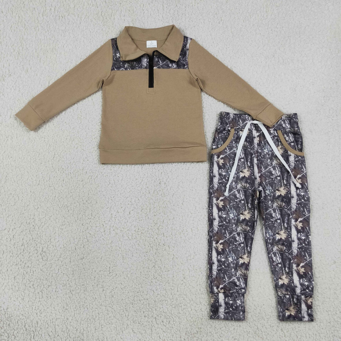 Baby Boys Khaki Zip Pullover Leaves Camo Pockets Jogger Clothes Sets