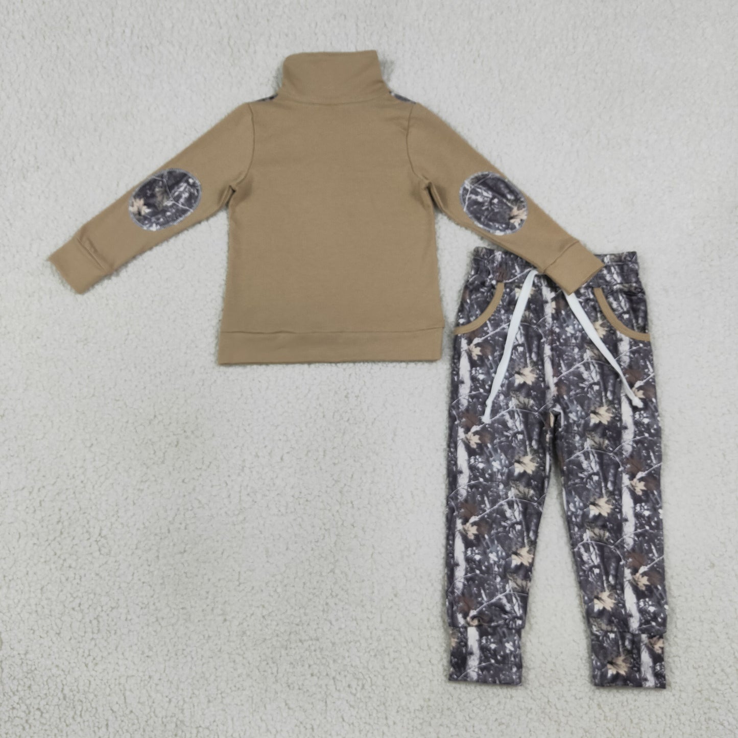Baby Boys Khaki Zip Pullover Leaves Camo Pockets Jogger Clothes Sets