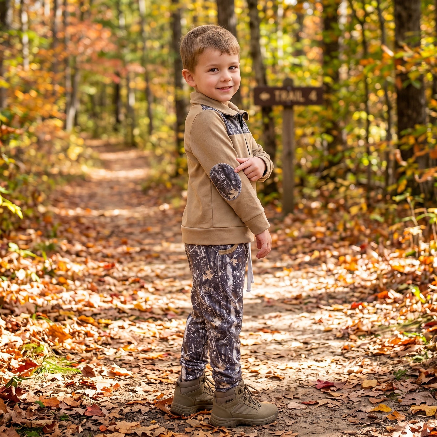 Baby Boys Khaki Zip Pullover Leaves Camo Pockets Jogger Clothes Sets