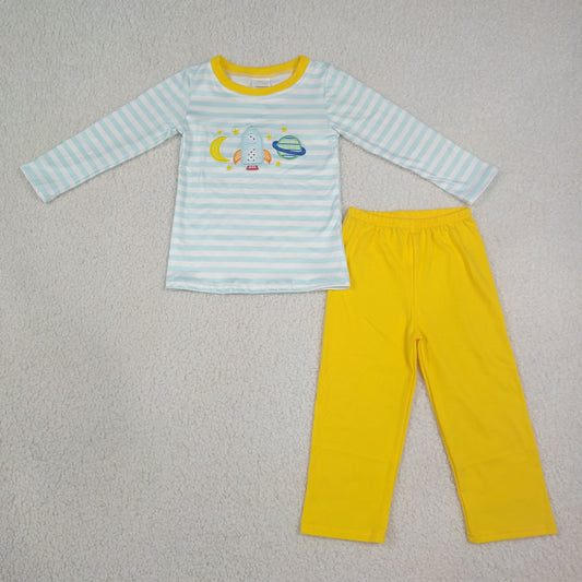 Embroidery Moon Baby Boys Long Sleeve Blue Stripe Top Pant Clothes Sets