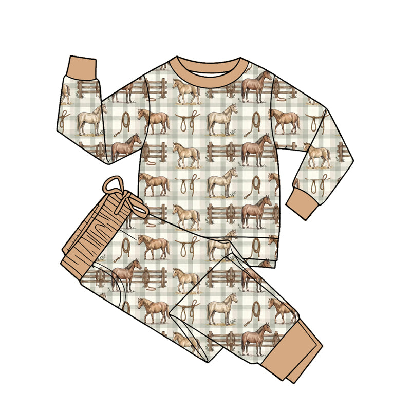 Baby Boys Horses Checked Top Pockets Jogger Western Clothes Sets Preorder