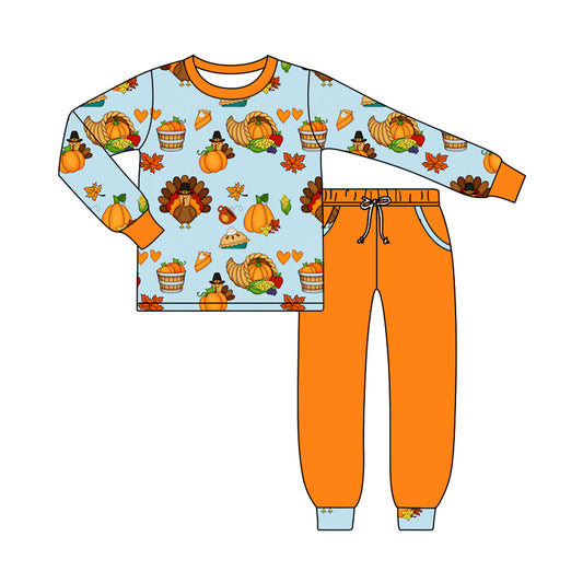 Preorder moq 5 Baby Boys Turkey Pumpkins Top Pockets Jogger Thanksgiving Clothes Sets