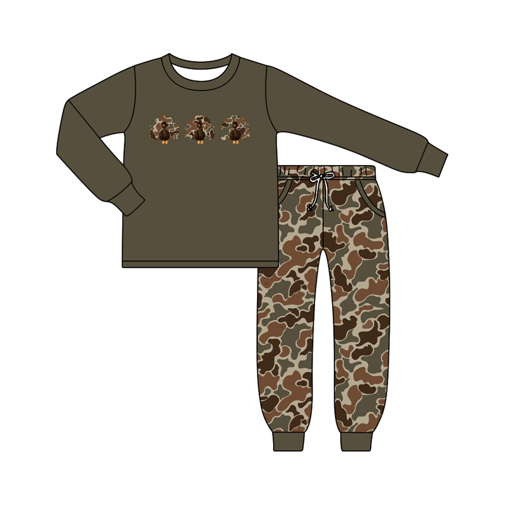 Preorder moq 5 Baby Boys Camo Turkey Top Pockets Jogger Thanksgiving Clothes Sets