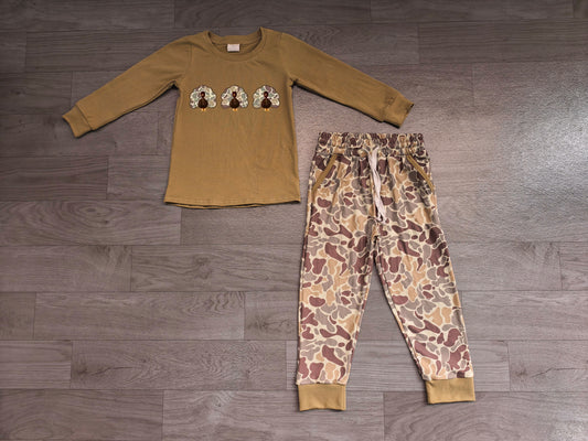 Embroidery Camo Turkey Baby Boys Top Pockets Jogger Thanksgiving Clothes Sets Preorder