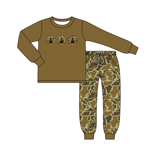 Preorder moq 5 Baby Boys Camo Turkey Top Pockets Jogger Thanksgiving Clothes Sets