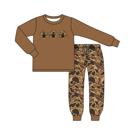 Preorder moq 5 Baby Boys Camo Turkey Top Pockets Jogger Thanksgiving Clothes Sets