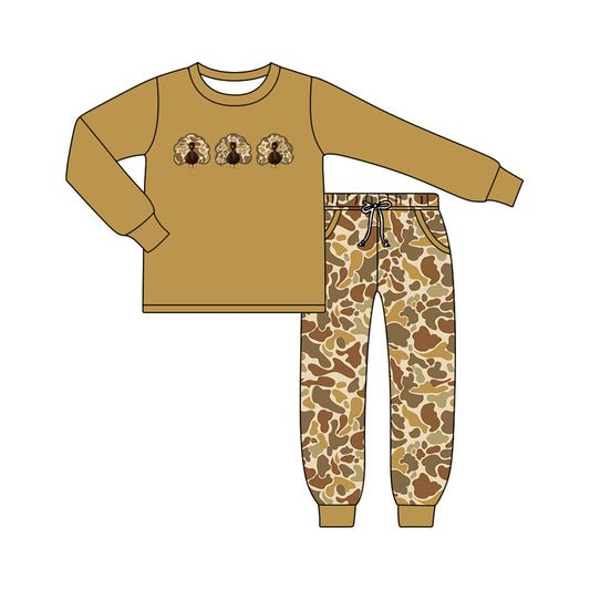 Preorder moq 5 Baby Boys Camo Turkey Top Pockets Jogger Thanksgiving Clothes Sets