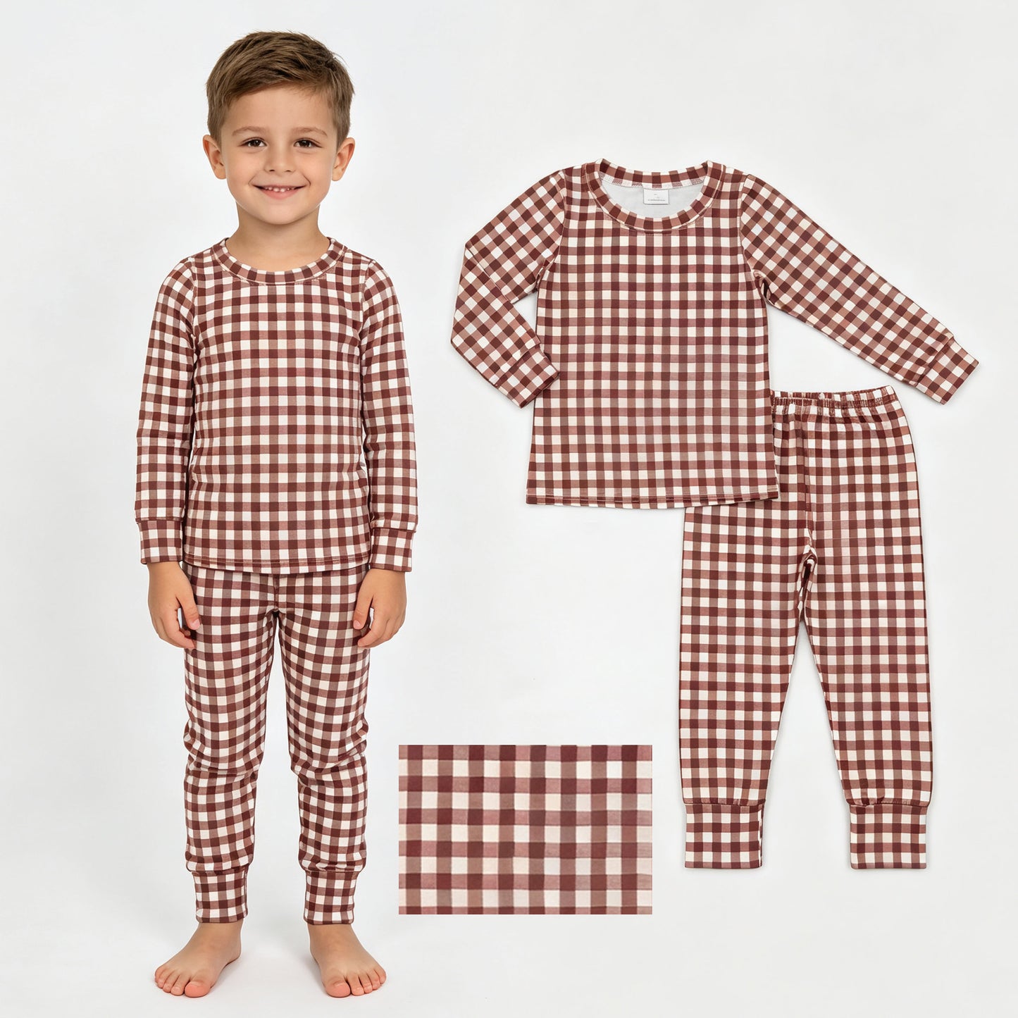 Baby Boys Brown Checked Top Pants Fall Pajamas Clothes Sets