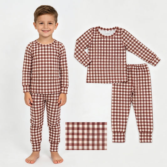 Baby Boys Khaki Checked Top Pants Fall Pajamas Clothes Sets