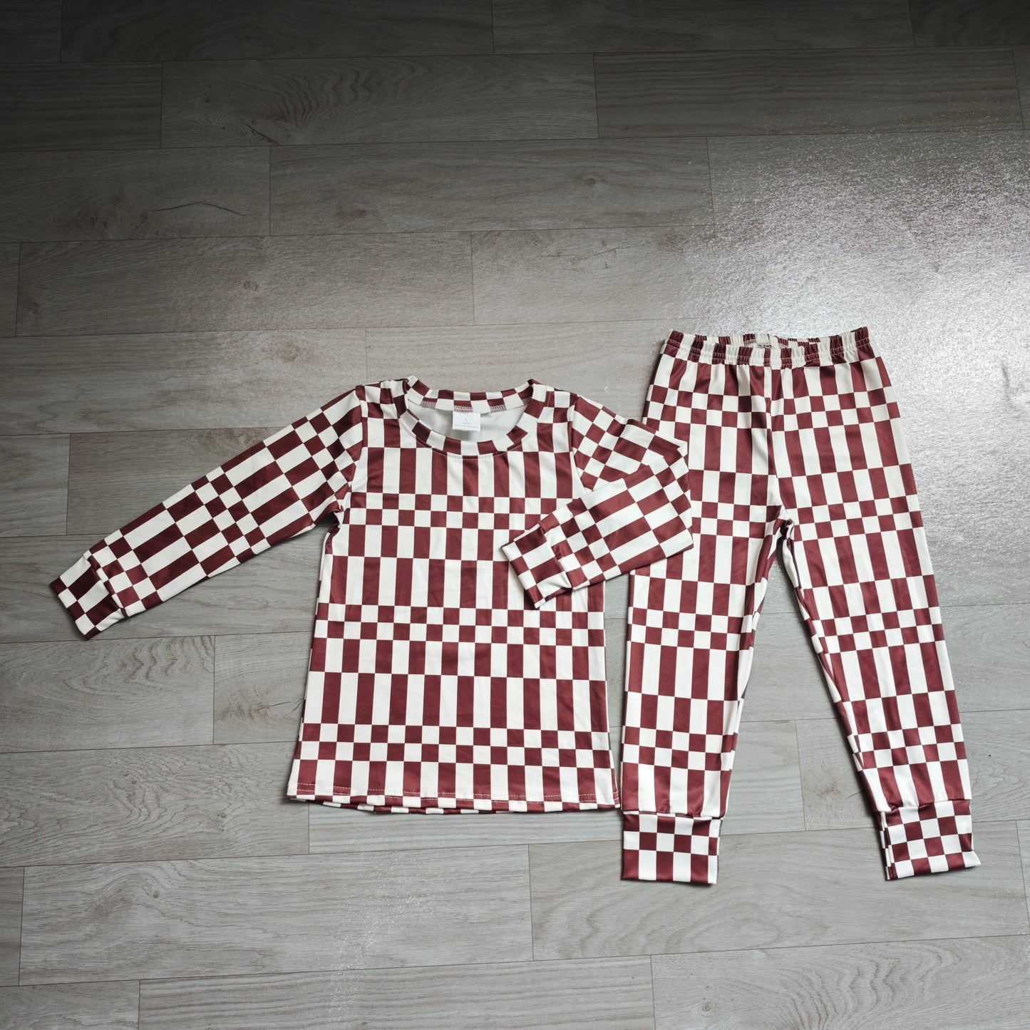 Preorder moq 5 Baby Boys Maroon Checked Top Pants Fall Pajamas Clothes Sets
