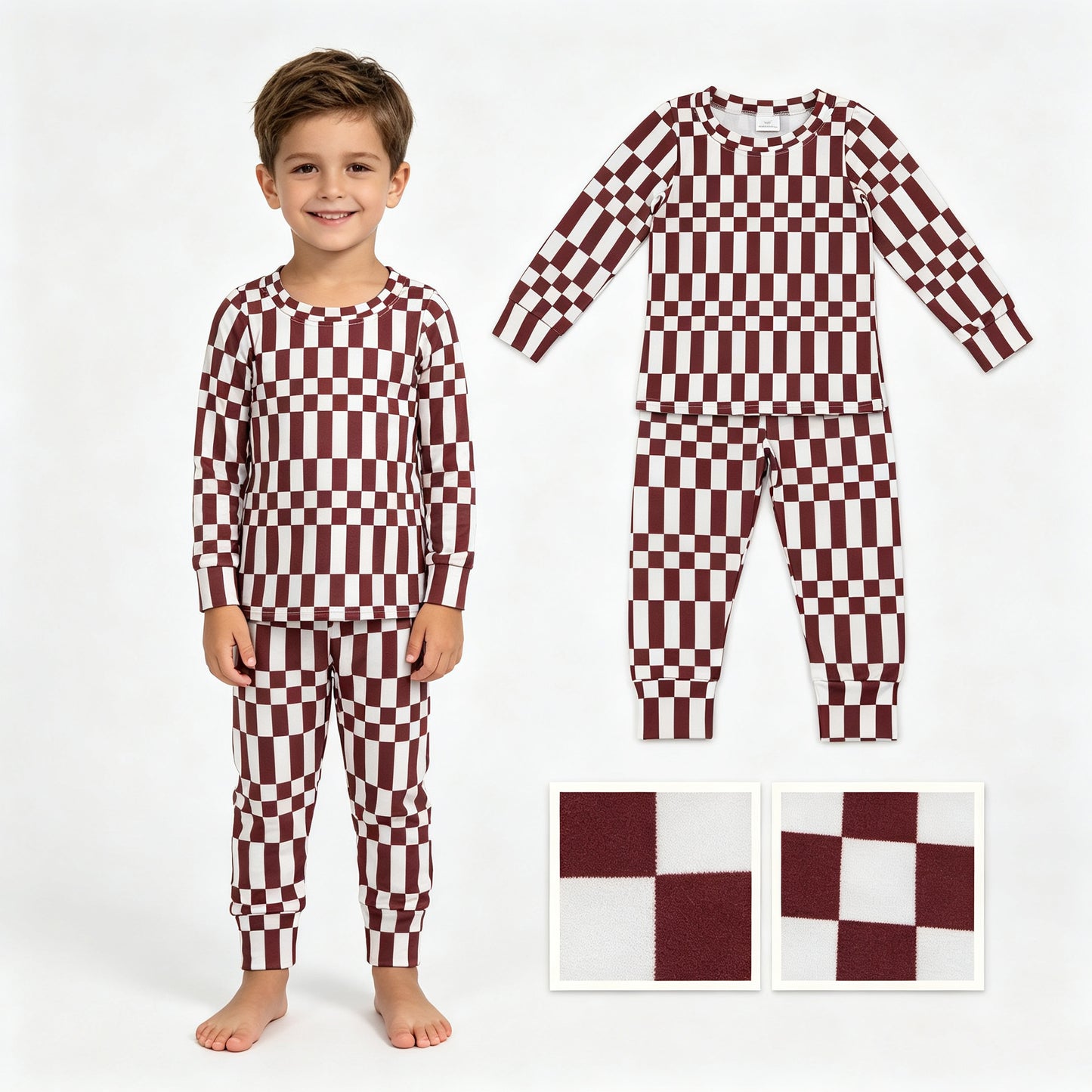 Baby Boys Maroon Checked Top Pants Fall Pajamas Clothes Sets