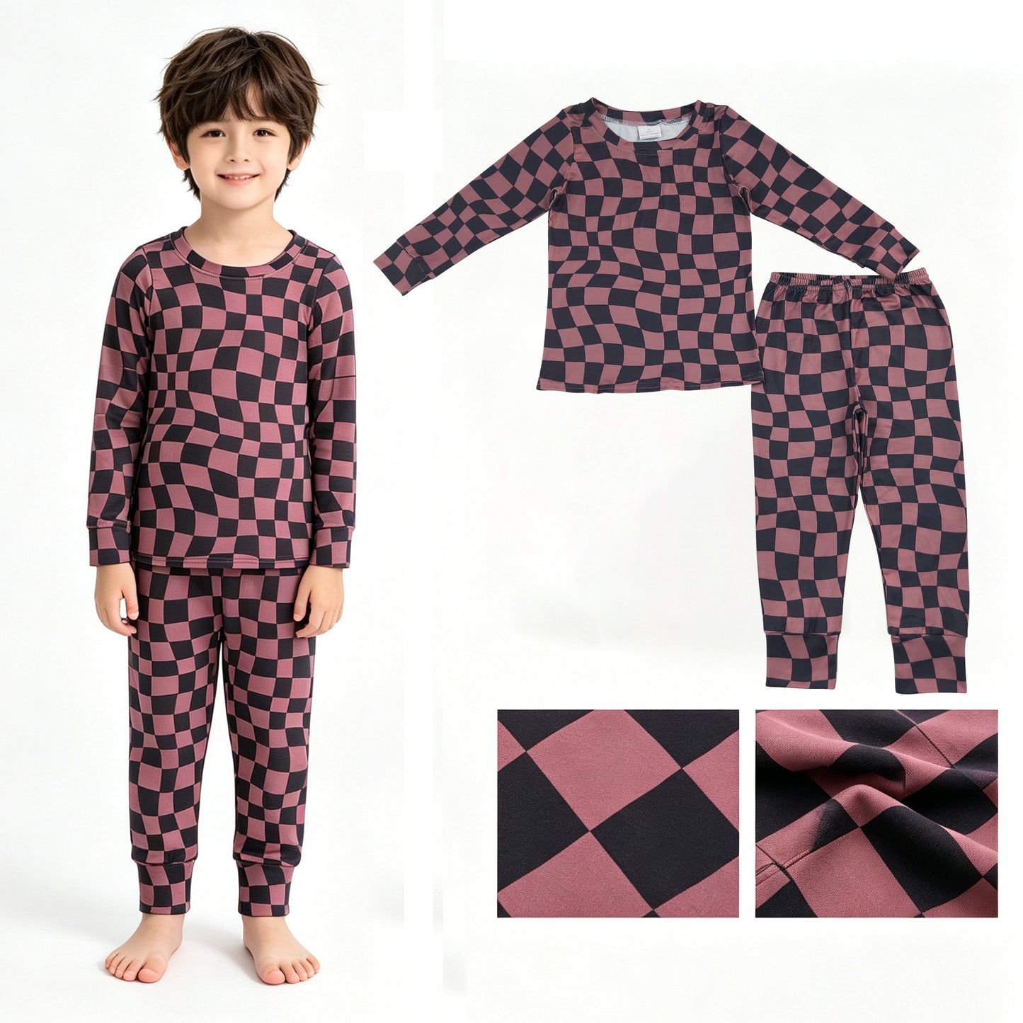 Baby Boys Warped Checkerboard Print Top Pants Fall Pajamas Clothes Sets