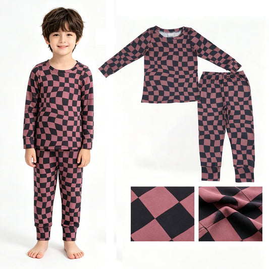 Baby Boys Warped Checkerboard Print Top Pants Fall Pajamas Clothes Sets