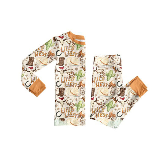 Preorder moq 5 Baby Boys Wild West Bull Skulls Cactus Top Pants Western Pajamas Sets