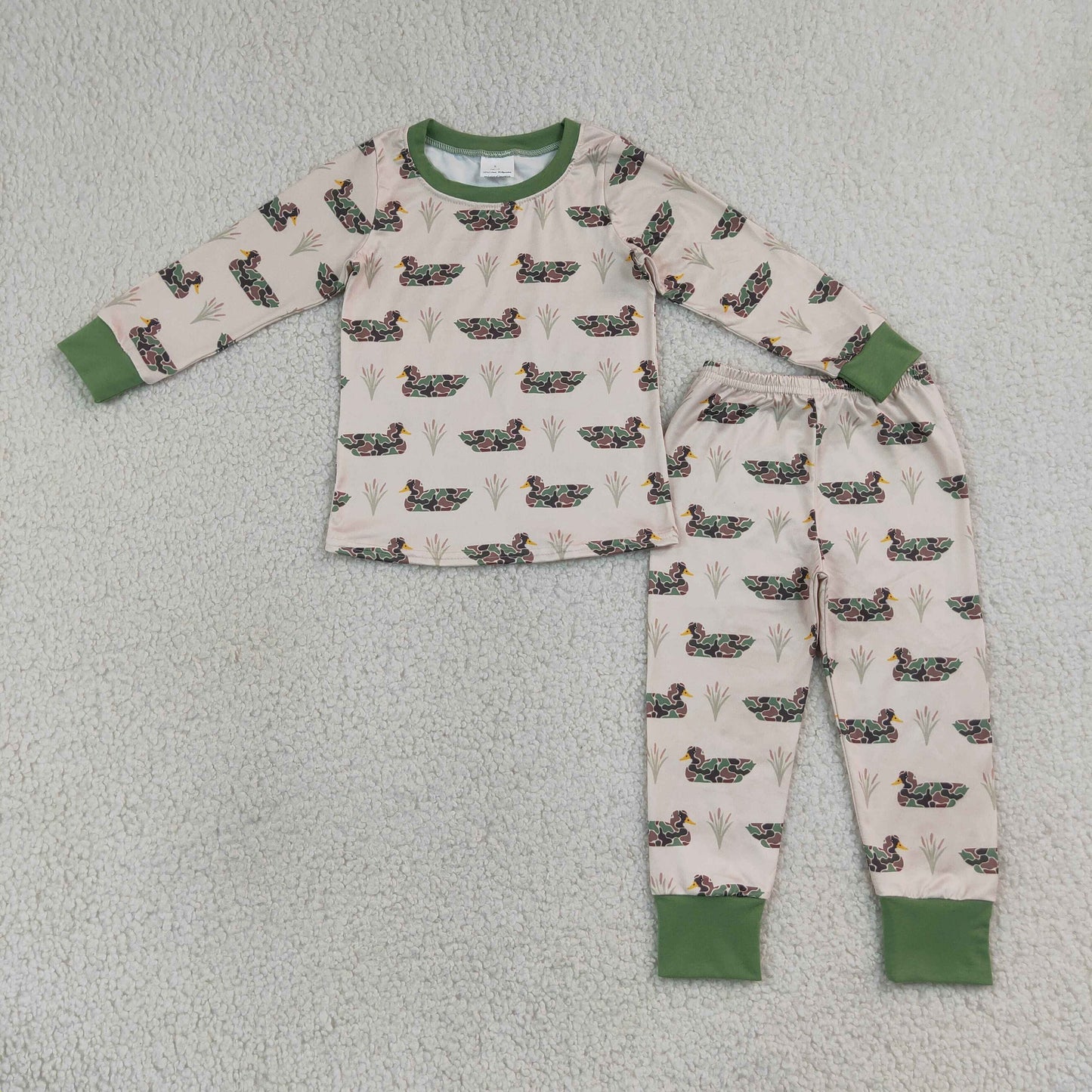 Sibling Baby Boys Green Camo Ducks Plaid Pant Hunting Pajamas Set Zip Rompers